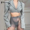 MIYOUJ 2022 2 Piece Cropped Blazer Women Two Ways To Wear Short Suits Female Long Sleeve Chic Set Stylish Elegant Silver