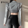 MIYOUJ 2022 2 Piece Cropped Blazer Women Two Ways To Wear Short Suits Female Long Sleeve Chic Set Stylish Elegant Silver