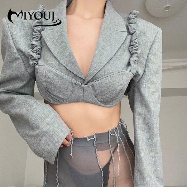 MIYOUJ 2022 2 Piece Cropped Blazer Women Two Ways To Wear Short Suits Female Long Sleeve Chic Set Stylish Elegant Silver