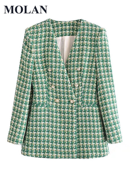 MOLAN Autumn Women Blazer Plaid Za High Street Double Breasted Pockets Vintage Jacket Female Chic Blazer