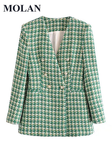 MOLAN Autumn Women Blazer Plaid Za High Street Double Breasted Pockets Vintage Jacket Female Chic Blazer