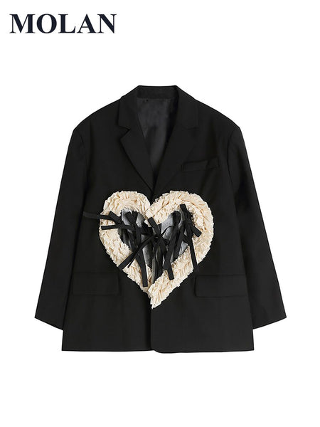 MOLAN Women Blazer High Street Heart Design Patchwork Loose Coat Long Sleeve Pockets Jacket Top Female Chic Outwaer