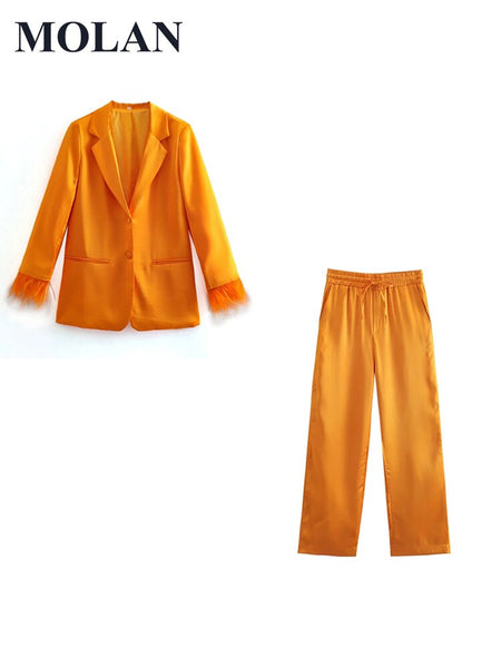 MOLAN Orange Women Blazer High Street Coat Long Sleeve Pockets Jacket Pants Sets Female Chic Outwaer