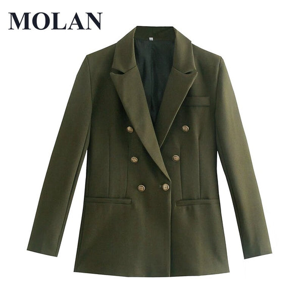 MOLAN Women Blazer Office Wear Metallic Buttons Long Sleeve Pockets Vintage Blazer Spring Jacket Female Vintage Outfit