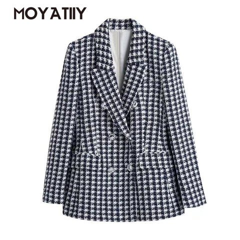 MOYATIIY Women 2023 Blazer Coat Tweed Double Breasted Overcoats Vintage Long Sleeve Flap Pockets Female Outerwear