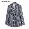 MOYATIIY Women 2023 Blazer Coat Tweed Double Breasted Overcoats Vintage Long Sleeve Flap Pockets Female Outerwear