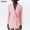 MXTIN 2022 Women Spring Vintage Tweed Blazers and Jackets Double Breasted Long Sleeve Slim Business Female Blazer Coat