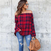 Red And Black Plaid Strapless Shirt Long Sleeve Slim Single-Breasted Shirts Striped Tops Off Shoulder Sexy Blouses
