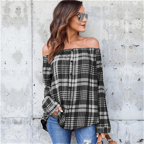 Red And Black Plaid Strapless Shirt Long Sleeve Slim Single-Breasted Shirts Striped Tops Off Shoulder Sexy Blouses