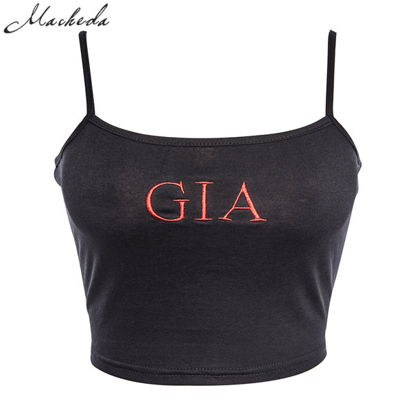 New Fashion Women Soild Black Tank Tops With Red Letter GIA Print Sexy Casual Sleeveless Camisole Crochet Croptop
