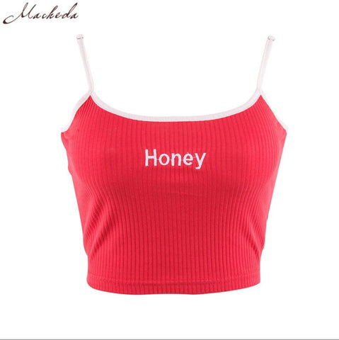 New Fashion Women Tank Tops Red White Letter Honey Print Sexy Casual Sleeveless Camisole Crochet Croptop