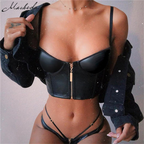 Macheda Black PU Leather Zipper Camis Top 2022 Women Slim Cropped Top Fashion Sleeveless Party Sexy Camisole New Arrival