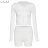 Macheda Summer White Two Piece Set Women Knitting Slim Long Sleeve Single Breasted Top And High Waist Shorts Clothing 2023 New