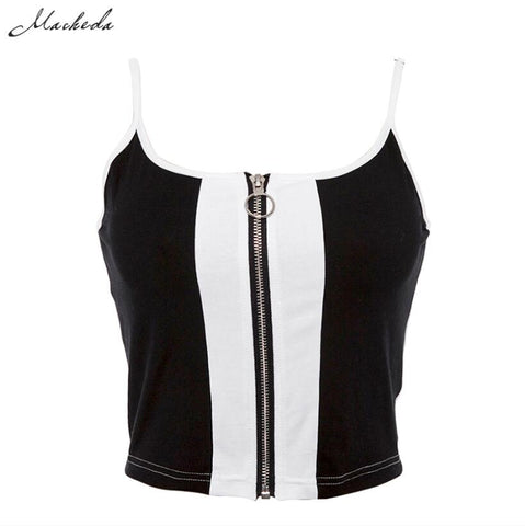 T-Shirts For Women Sexy Shoulder Straps Solid Bandage Sleeveless Zipper Short Tank Tops Casual Summer Vest Female 2022