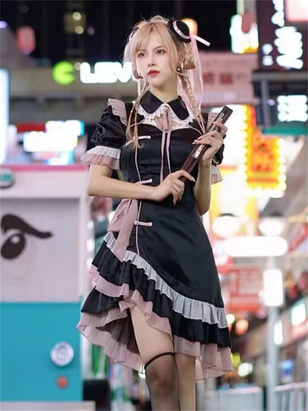Maid Lolita Kawaii Dress Sexy Costumes Hollow Out Women Harajuku Aesthetic Cosplay Anime Dresses Lace Trim Y2k Clothes