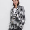 Mandylandy Women Plaid Suit Coat Long-sleeved Double-breasted Printed Suit Jacket Houndstooth Office Blazer