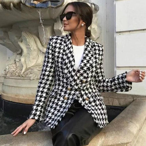 Mandylandy Women Plaid Suit Coat Long-sleeved Double-breasted Printed Suit Jacket Houndstooth Office Blazer