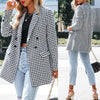 Mandylandy Women Elegant Plaid Autumn Blazer Jacket Casual Long Sleeve Lapel Collar Double Breasted Loose Coat