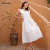 Marwin Long Simple Casual Solid Hollow Out Pure Cotton Holiday Style High Waist  Mid-Calf Summer Dresses  Vestidos