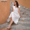 Marwin Long Simple Casual Solid Hollow Out Pure Cotton Holiday Style High Waist  Mid-Calf Summer Dresses  Vestidos