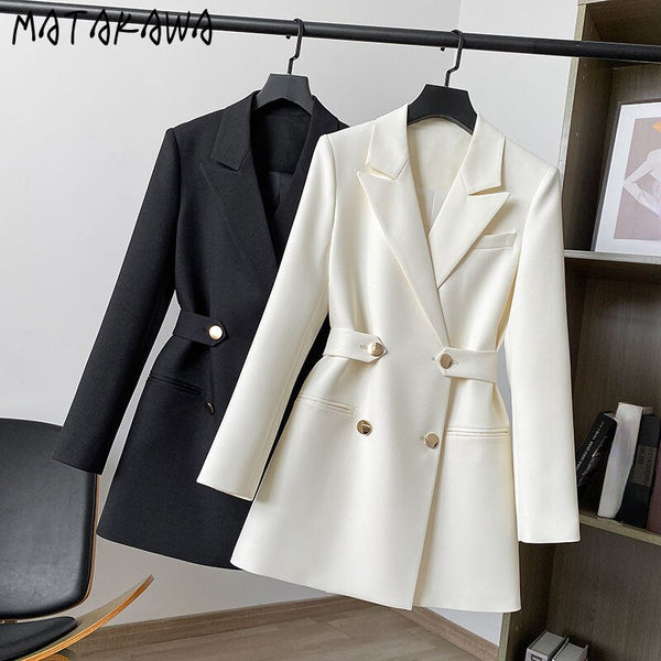 Matakawa Blazer Women Solid Double Breasted Office Lady Elegant Autumn Jackets Korean Work Vintage Blazers Femme