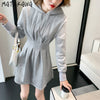 Matakawa Hooded Sweatshirt Dress Office Lady Elegant Slim Waist Pleated Vestidos Solid All-match Plus Velet Casual Dresses Women