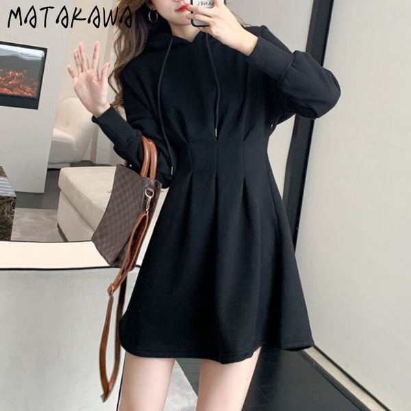 Matakawa Hooded Sweatshirt Dress Office Lady Elegant Slim Waist Pleated Vestidos Solid All-match Plus Velet Casual Dresses Women