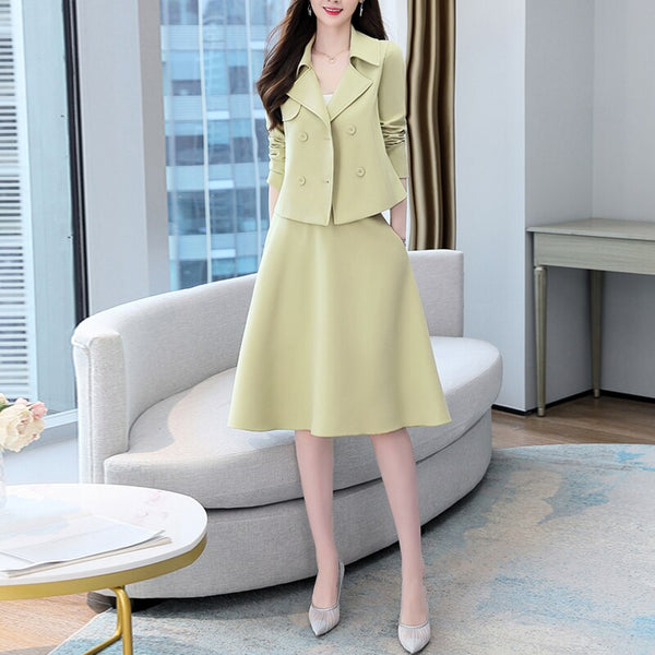 Matching Set Blazer And A-Line Skirts Women England Style Double Breasted Short Empire Blazer Feminino Femme Two Piece Set