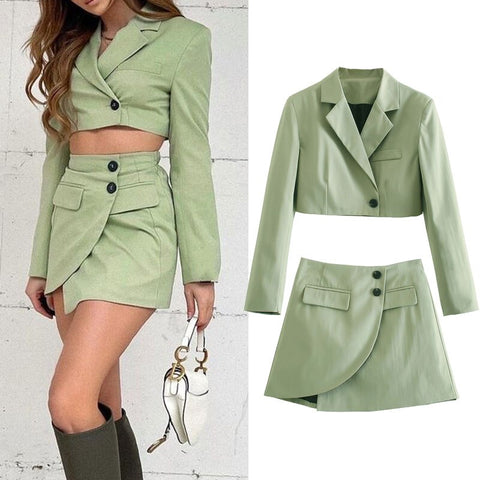 Matching Set Blazer Suits With Skirt 2022ZA Summer Women's Suit England Style Navel Exposed Short Empire BlazerTwo Piece Set