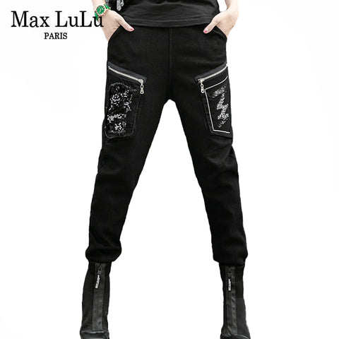 Max LuLu 2022 European Designer  Style Womens Warm Fur Printed Harem Pants Ladies Vintage Loose Jeans Casual Pantalons