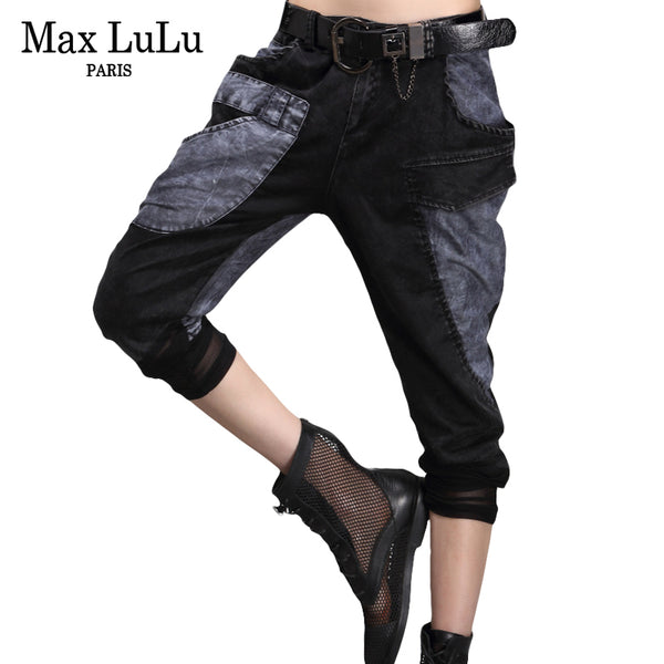 Fashion Brand Sexy Club Girls Lace Harem Pants Women Patchwork Black Mom Jeans Boyfriend Woman Denim Trousers Plus Size