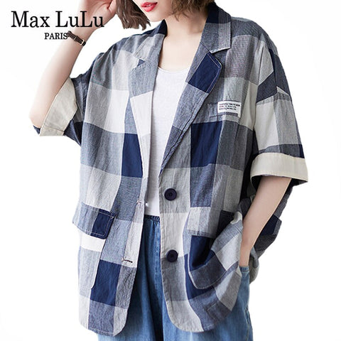 Max LuLu Japan Style 2022 Summer Ladies Blue Plaid Cotton Linen Blazers Women Vintage Loose Jackets Female Short Sleeve Coats