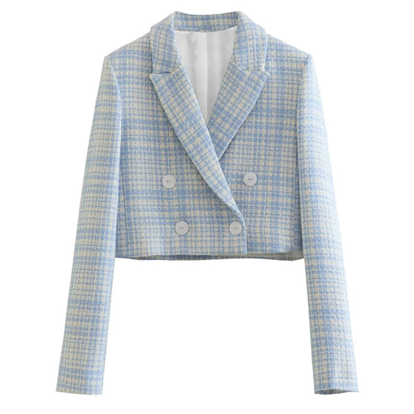 Maxdutti 2023 Autumn Casual Blazers Women High Street Retro Plaid Double Breasted Woolen Short Jacket