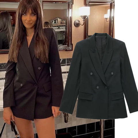 Maxdutti 2023 England Style Simple Sexy Blazer Dress Ins Blogger Vintage Double Breasted Casual Blazer Women Jacket  Tops