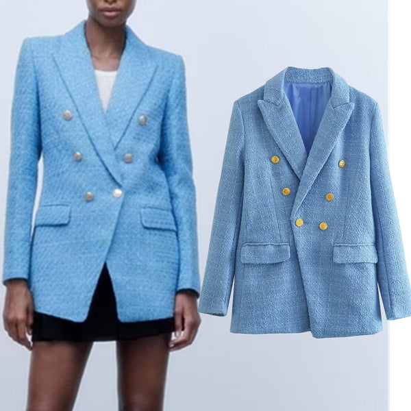 Maxdutti Breasted Long Sleeve Blazers Women French Style Texture Woolen Double