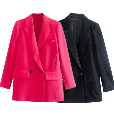 Maxdutti England Style Office Lady Simple Double Breasted Loose Jackets Tops Casual Blazers Women