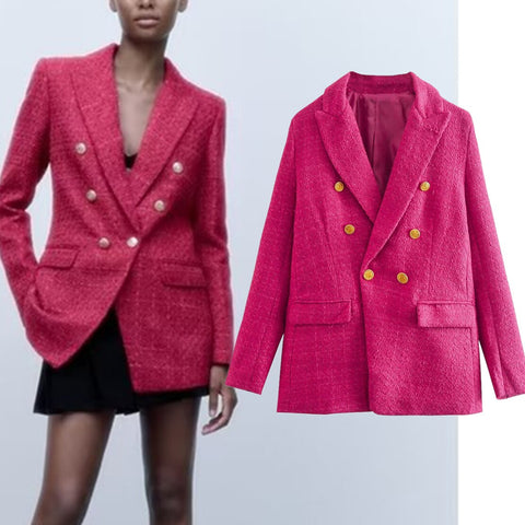 Maxdutti Blazers Women Indie Folk Vintage Woolen Gold Double Breasted Casual Jacket