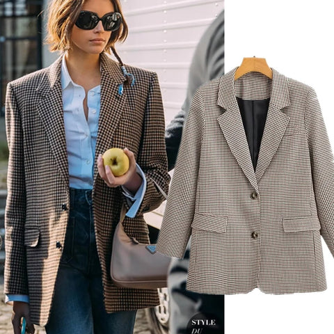 Maxdutti Loose Jacket Women England Style Vintage Plaid Preppy Casual Blazer