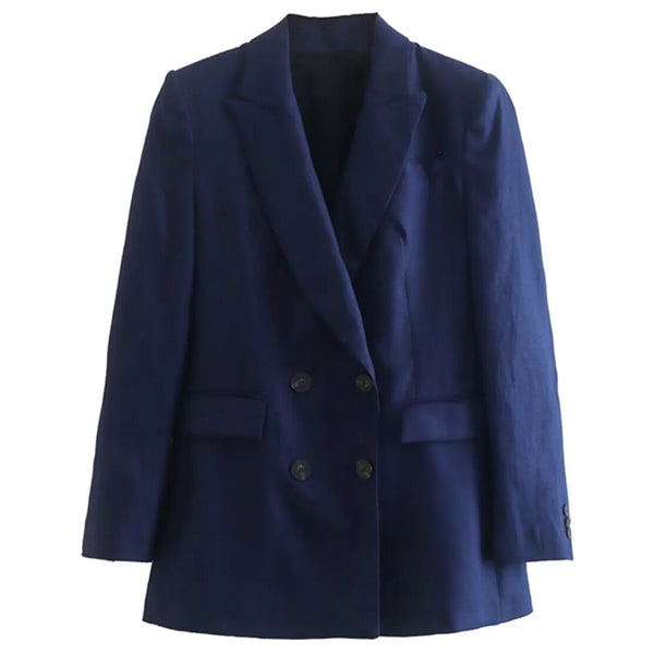 Maxdutti Navy Color Casual Blazers Women England Style Office Lady Simple Linen Jacket