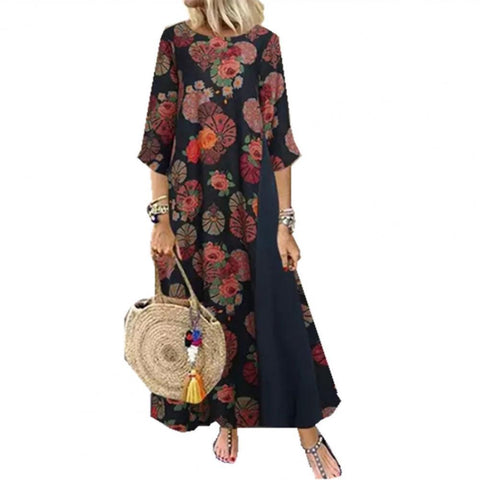 Maxi Dress Print Patchwork Plus Size Vintage Ankle Length Dress for Vacation