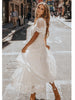 Maxi Dress Hollow Out White Dress Sexy Women Long Lace Dress Cross Semi-Sheer Plunge V-Neck Short Sleeve Lace