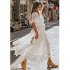 Maxi Dress Hollow Out White Dress Sexy Women Long Lace Dress Cross Semi-Sheer Plunge V-Neck Short Sleeve Lace