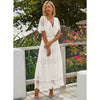 Maxi Dress Hollow Out White Dress Sexy Women Long Lace Dress Cross Semi-Sheer Plunge V-Neck Short Sleeve Lace