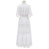 Maxi Dress Hollow Out White Dress Sexy Women Long Lace Dress Cross Semi-Sheer Plunge V-Neck Short Sleeve Lace