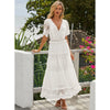 Maxi Dress Hollow Out White Dress Sexy Women Long Lace Dress Cross Semi-Sheer Plunge V-Neck Short Sleeve Lace