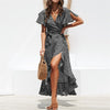 Maxi Dress Women Summer Beach Floral Printed Boho Long Chiffon Robe Ruffles Wrap Casual V-Neck Split Sexy Party Dress Femme