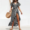 Maxi Dress Women Summer Beach Floral Printed Boho Long Chiffon Robe Ruffles Wrap Casual V-Neck Split Sexy Party Dress Femme