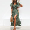 Maxi Dress Women Summer Beach Floral Printed Boho Long Chiffon Robe Ruffles Wrap Casual V-Neck Split Sexy Party Dress Femme