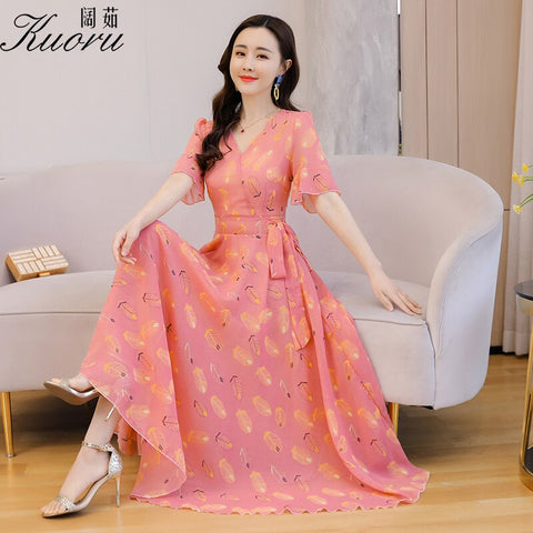 Maxi Dresses For Women Plus Size Floral Dress Summer Vintage Chiffon Longue Short Sleeve V Neck Robe Femme Ete 2022 Vestidos