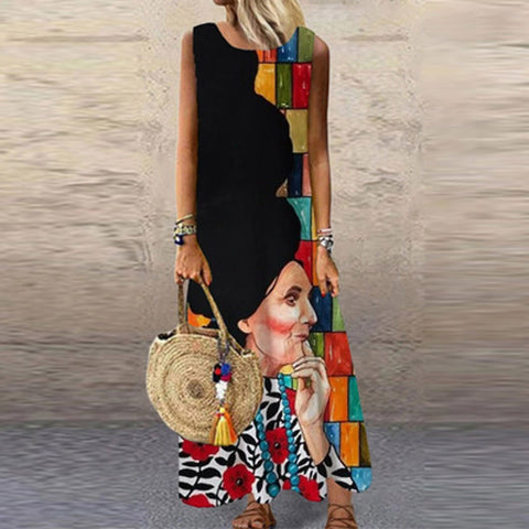 Maxi Dresses For Women Summer Casual Print Long Dress O-neck Sleeveless Tank Loose Long Vintage Dresses Party Female Robes 2022